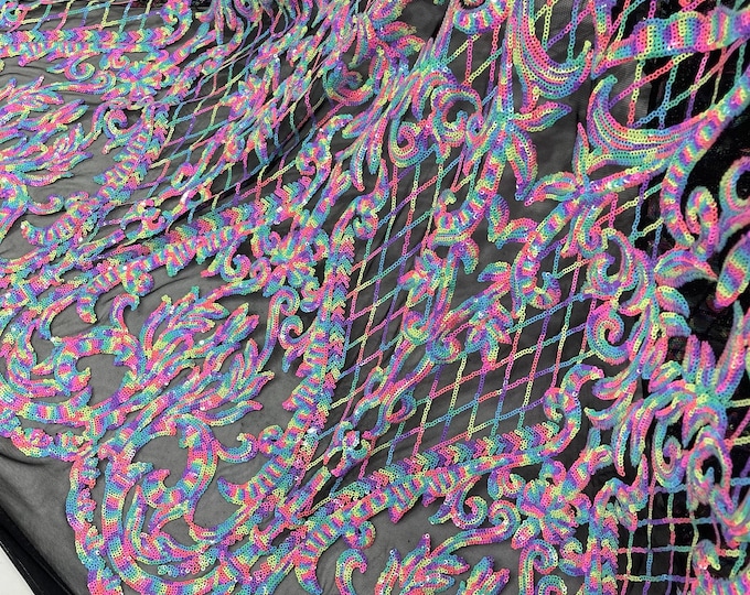 Multi Color Sequin Fabric 4Way Stretch Mesh, Damask Design With Confetti Sequins Lace Prom