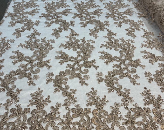 Coffee Lace, Floral Lace Fabric, Embroidery With Sequins on a Mesh Lace Fabric By The Yard For Gown, Wedding-Bridal (Choose The Quantity)