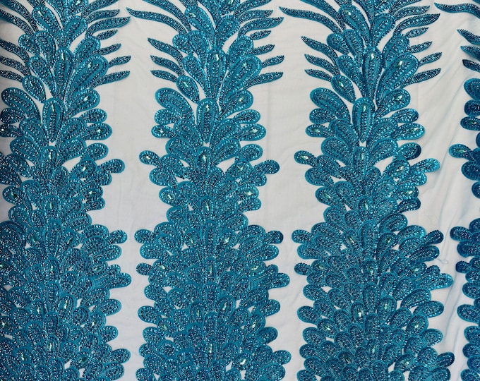 Turquoise Beaded Peacock Feathers 3D Vegas Design with Embroidered Sequins and Beads On Mesh Lace Fabric for Prom Dress (Choose The Panels)