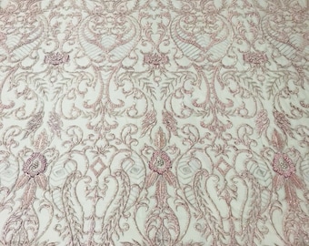 Light Lilac Beaded Damask Fabric: Embroidered Floral Mesh, Bridal Wedding Fabric