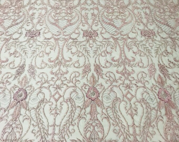 Glam Damask Beaded Fabric, Light Lilac - Embroidered Fashion Fabric with Beads Wedding Bridal Sold By Yard