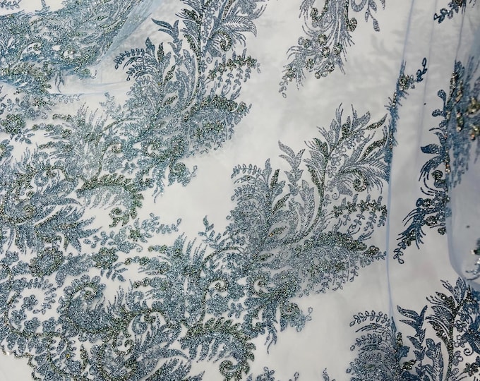 Blue Silver Rhinestones Glitter Fabric on a Mesh By The Yard | Quinceañera Design  Glitter Rhinestones on Mesh Fabric Prom Dress