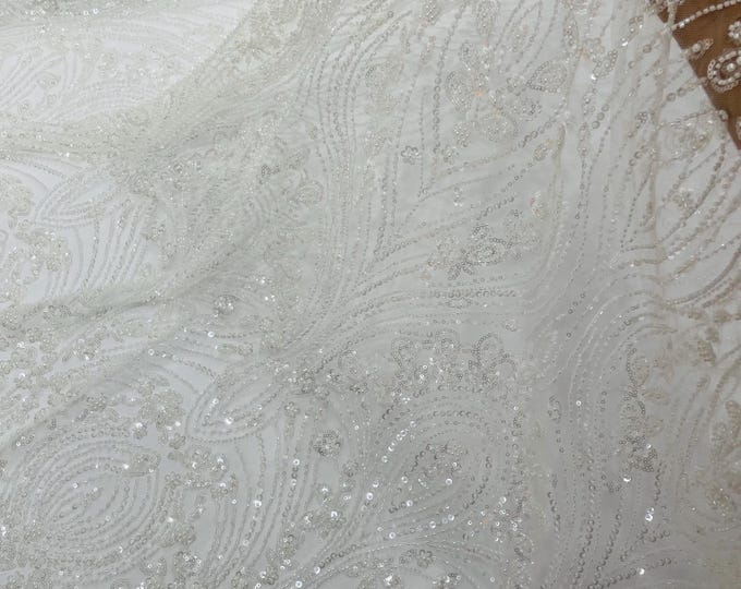 Ivory Fashion Design Beads and Sequins, Luxury Beaded Fabric Embroidered on a Mesh Lace,Wedding,Bridal,Dress Sold By The Yard