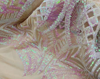 Pink Iridescent Sequins on Blush Mesh - by the yard - Royalty Design on Mesh 4way Stretch Sequin-Prom-Gown