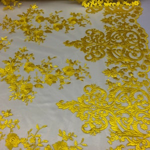 Yellow Damask Design Embroidered on Mesh Lace Fabric, Floral Bridal ...