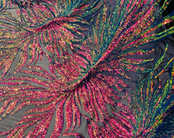 Rainbow Iridescent Sequin Fabric By The Yard, Black Mesh 4 Way Stretch, Embroidery on a Mesh Phoenix Wing Sequins Fabric for Prom Gala Gown