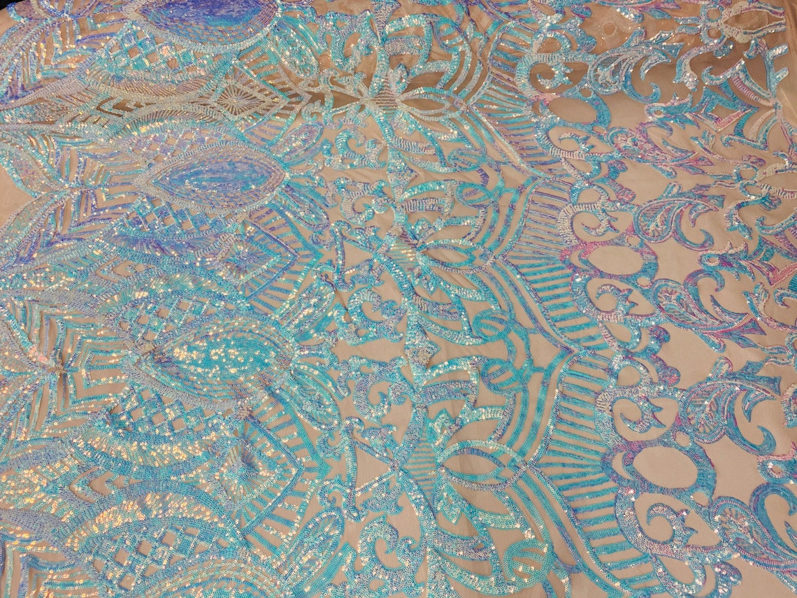 Iridescent Aqua Sequin Fabric Royalty Design Embroidered With - Etsy