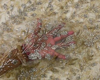 Champagne Glitter Fabric on Mesh Lace Fabric By The Yard for Wedding Decor/ Glitter Fabric  Bridal/Prom/Shimmer/Luxury Sparkle