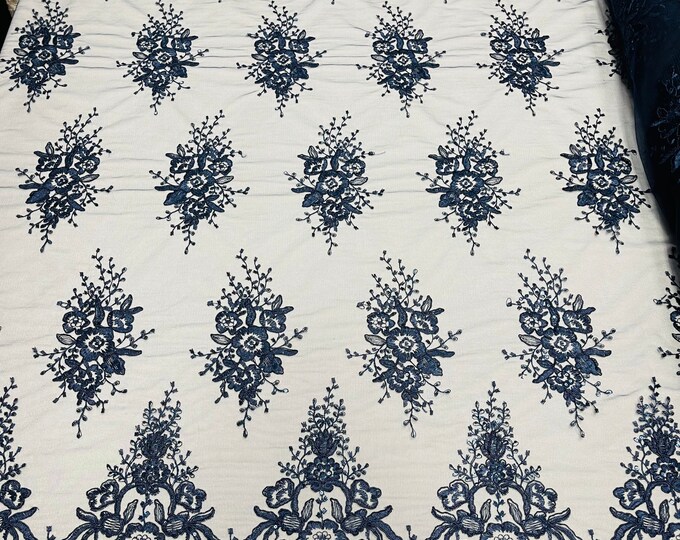 NAVY Flower Cluster Fabric - Embroidered Floral Design With Sequins on Mesh Lace Fabric by the Yard (Pick a Size)