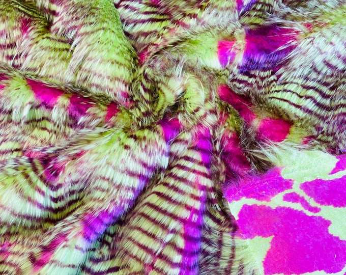 Lime Green Hot Pink Feather Shaggy Soft Faux Fur Fabric By Yard, Long Pile Thick Fur Fabric Fake Fur, Hobby, Costume, Decoration 60" Wide