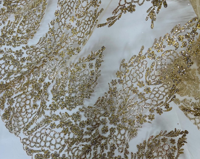 Champagne Silver Rhinestones Glitter Fabric on a Mesh By The Yard | Geometric Damask Glitter Rhinestones on Mesh Fabric, Wedding Bridal/Prom