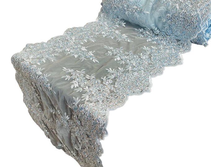 Metallic Baby Blue 14”Wide Floral Lace Fabric For Runner, by the yard - Embroidery With Sequins on a Mesh Lace Fabric For Applications