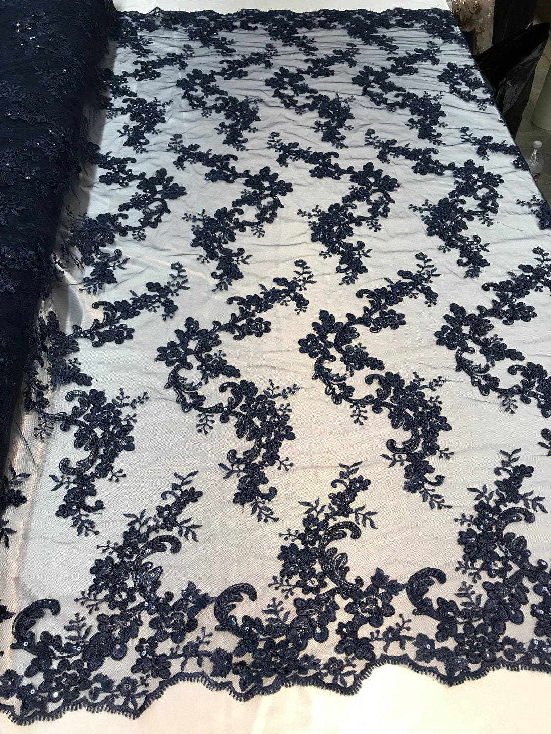 Navy Floral Lace Fabric, Embroidery With Sequins on a Mesh Lace Fabric ...