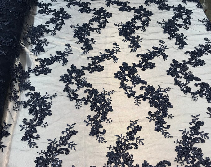 Navy Floral Lace Fabric, Embroidery With Sequins on a Mesh Lace Fabric By The Yard For Gown, Wedding-Bridal