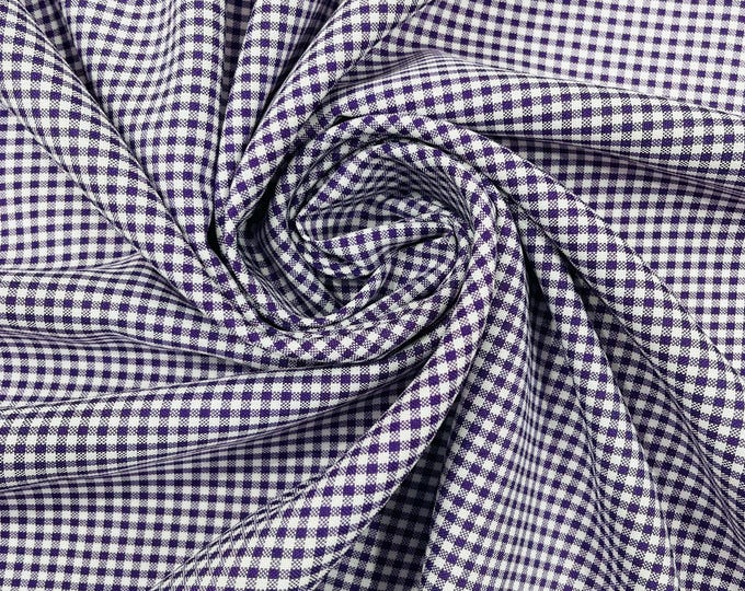 Purple & White Gingham Fabric by Yard 1/8” Squares, Poly Cotton Checkered Fabric