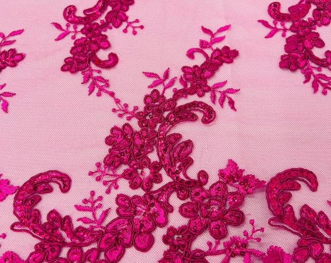 Fuchsia Floral Lace Fabric, by the yard - Embroidery With Sequins on a Mesh Lace Fabric For Gown, Wedding-Bridal