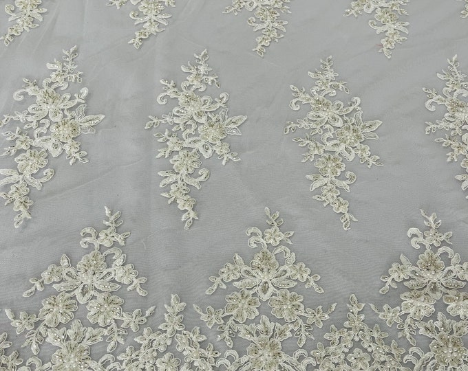 Of White Beaded Sequins Fabric, Embroidery With Beaded Sequin on a Mesh, Floral Bridal Lace Fabric by the yard (Pick a size )