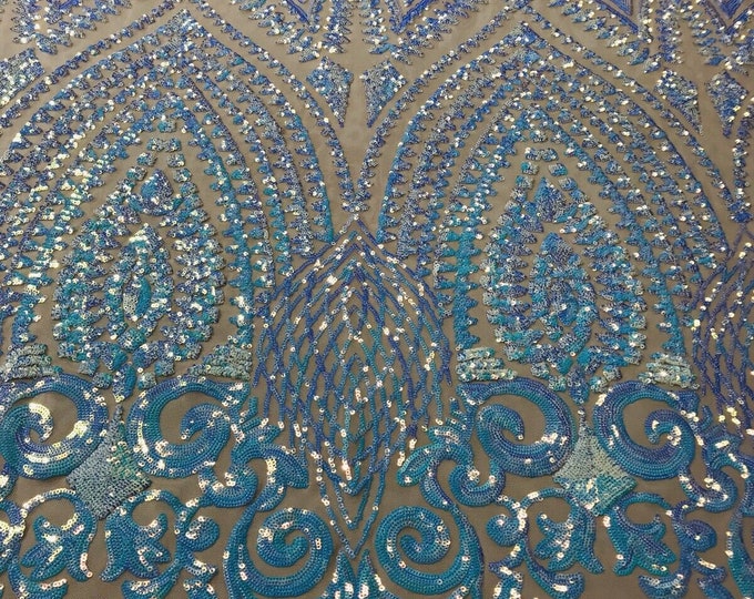 Aqua Iridescent/Blush - 4 Way Stretch Geometric Sequins Bella Design on Mesh Fabric for Prom Gala Gown Sold By The Yard