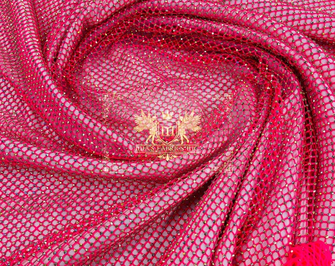 Iridescent Rhinestones Fabric On Hot Pink Stretch Net Fabric, Spandex Fish Net with Crystal Stones sold by the yard