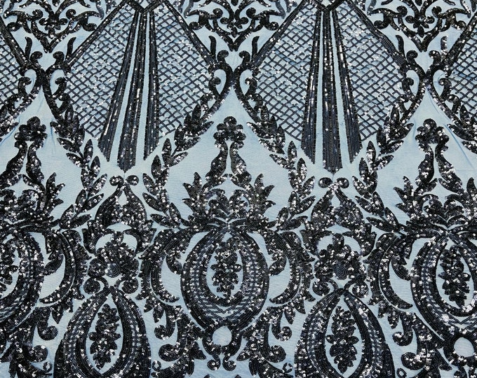 Dark Navy Sequins Fabric - Damask Pattern 4-Way Stretch Sequins Ava Design Sequins Fabric for Prom-Gown By The Yard