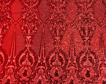 Sequin Damask Fabric: Embroidered Mesh, 4-Way Stretch - By The Yard