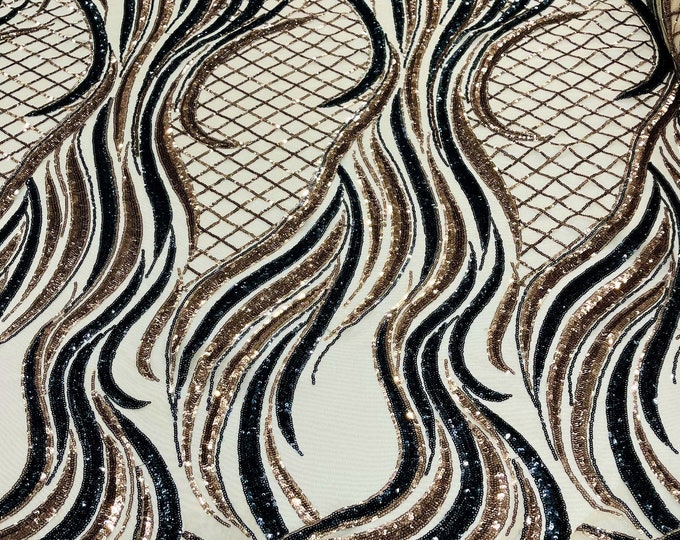 Sequins Fabric Two Tone Rose Gold-Black Geometric Design 4Way Stretch Sequin Fabric Nude Mesh BTY