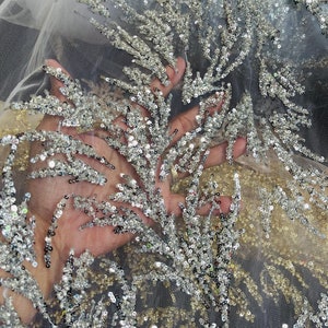 Silver Beaded Glitter Tulle Lace Fabric - Wedding Dress Fabric