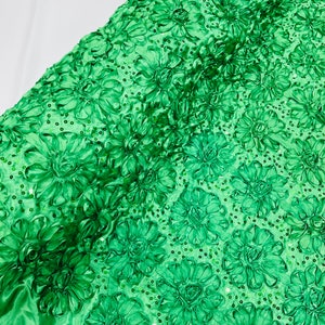 Alicia Emeral Green 3D Floral Polyester Satin Rosette With Sequins Fabric By The Yard, 3D Rosette Satin Fabric Wedding Decor.
