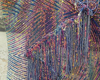 Lavender Iridescent Sequin Fabric: 4-Way Stretch Mesh, Embroidered Fringe