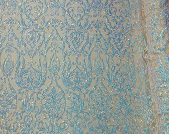 Aqua Blue Iridescent Sequin Fabric | Embroidered Damask Lace, 4-Way Stretch