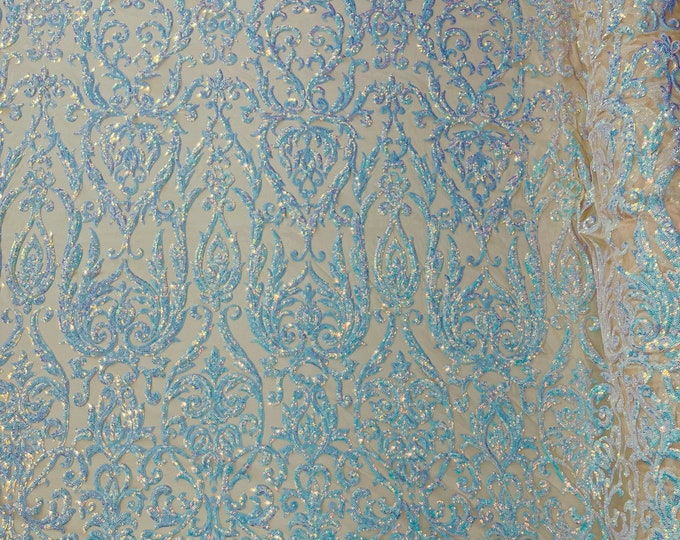 Aqua Blue Iridescent Sequins Fabric | by the yard | Nude Mesh 4 Way Stretch | Embroidered King Damask Design With Sequin Lace Prom-Gown