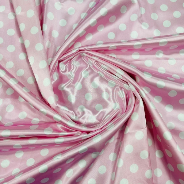 Mia Fabrics Inc, Polka Dot Satin Fabric - Pink/White Dots - Super Soft Silky Satin Polka Dot Fabric Sold By Yard