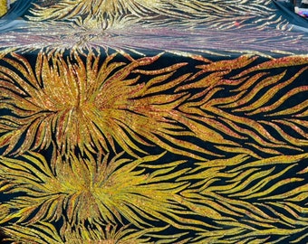 Orange Iridescent Sequin Fabric: 4-Way Stretch Spandex Mesh, Phoenix Wing Design