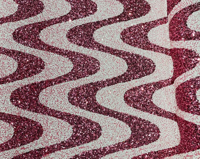 Stretch Velvet Sequins - Dusty Rose / White Sequin on Dusty Rose Stretch Velvet Fabric - Wavy Line Design with 5mm Sequins By Yard