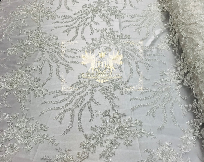 Off White Hand Beaded Lace, Embroidered Floral Design Fancy Sequins Fabric with Beads Sold in Many Colors By The Yard