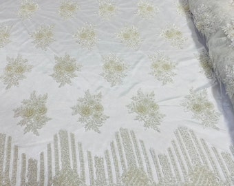 Ivory Beaded Floral Lace Fabric, Embroidered Mesh Dress Fabric By The Yard