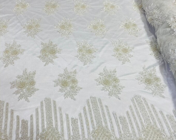Ivory Beaded Fabric, Hand Embroidered Lace Bridal Floral On a Mesh Dress Fabric with Beads By The Yard