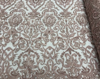 Rose Gold Embroidered Damask Pattern With Pearls and Beads on a Mesh - Beaded Fabric - Lace Fabric by the yard