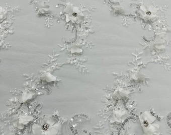 Off White 3D Flower Lace Fabric: Embroidered Sequins & Rhinestones, Bridal Wedding Lace