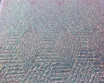 Iridescent aqua/Blue Geometric Design On a Mesh-Prom-Gown, 2 Way Stretch Sequin Fabric By The Yard