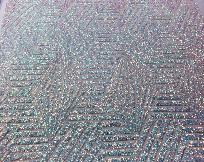 Iridescent aqua/Blue Geometric Design On a Mesh-Prom-Gown, 2 Way Stretch Sequin Fabric By The Yard