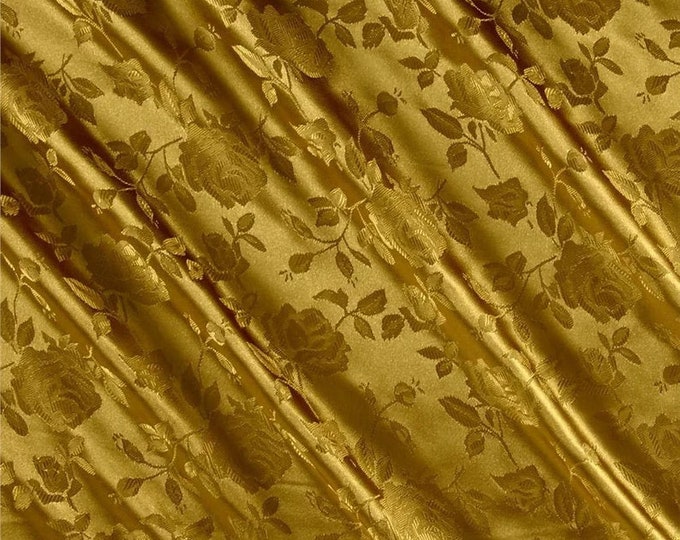 Dk Gold Flower Brocade Jacquard Satin Fabric, Sold By The Yard Polyester Satin Floral Wide 58/60"  (Choose The Quantity)