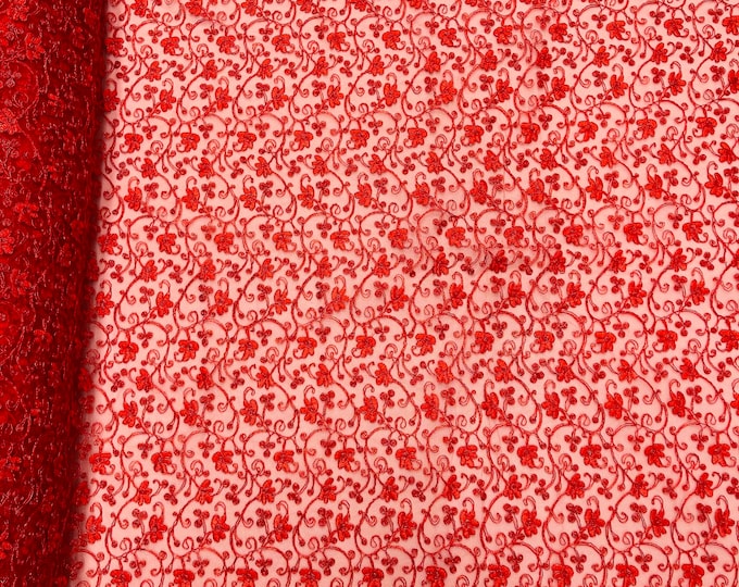 Metallic Red Corded Lace Fabric by the yard - Flower Design Embroidered on Mesh Lace Fabric Floral, (Pick a Size)