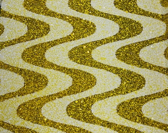 Yellow Sequin Stretch Velvet Fabric: Wavy Line Design, 5mm Sequins
