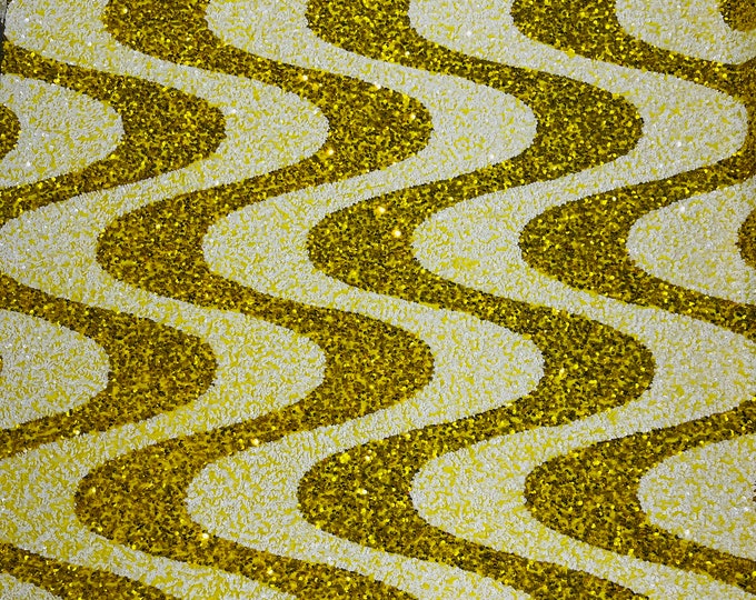 Stretch Velvet Sequins - Yellow / White Sequin on Yellow Stretch Velvet Fabric - Wavy Line Design with 5mm Sequins By Yard