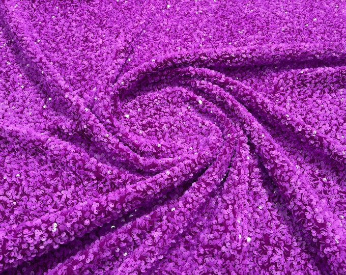 Magenta Sequin on Sage Stretch Velvet With Sequins all Over 5mm Sequins 2-way Stretch 58/60” (Choose The Quantity)