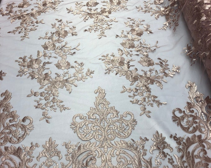 Blush Damask Design Embroidered on Mesh Lace Fabric, Floral Bridal Lace Wedding Dress by the Yard (Pick a Size)