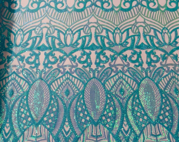 Mint iridescent Sequin Fabric | By The Yard Iridescent Mint 4 Way Stretch Royalty Design Sequins on Mesh Prom Gala Gown Fabric