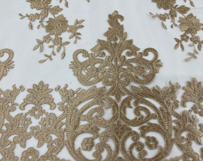 KHAKI Damask Design Embroidered on Mesh Lace Fabric, Floral Bridal Lace Wedding Dress by the Yard (Pick a Size)