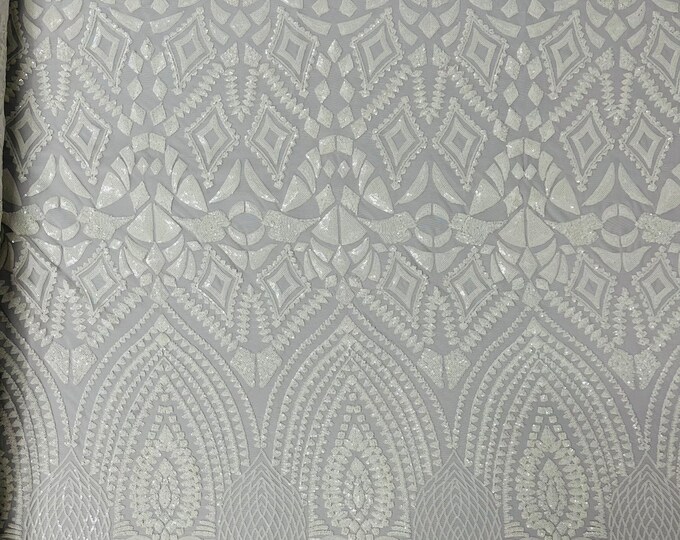 White Sequin Fabric on a Mesh 4 Way Stretch - Geometric Design Embroidery With Sequins (Pick a Size) by the yard